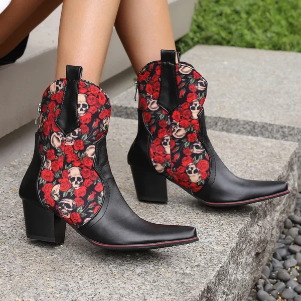 2024new autumn winter women ankle boots plus size 22.5-28cm pu/printing fabric square toeback zip thick heel women modern boots - Image 3