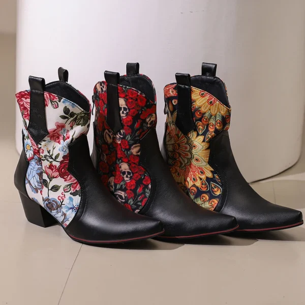 2024new autumn winter women ankle boots plus size 22.5-28cm pu/printing fabric square toeback zip thick heel women modern boots - Image 4